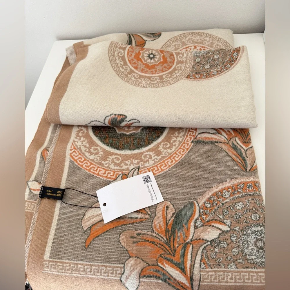 Cashmere Wool Scarf Shawl Large 74.8x27.6 in Beige Brown Pattern New - Picture 3 of 4